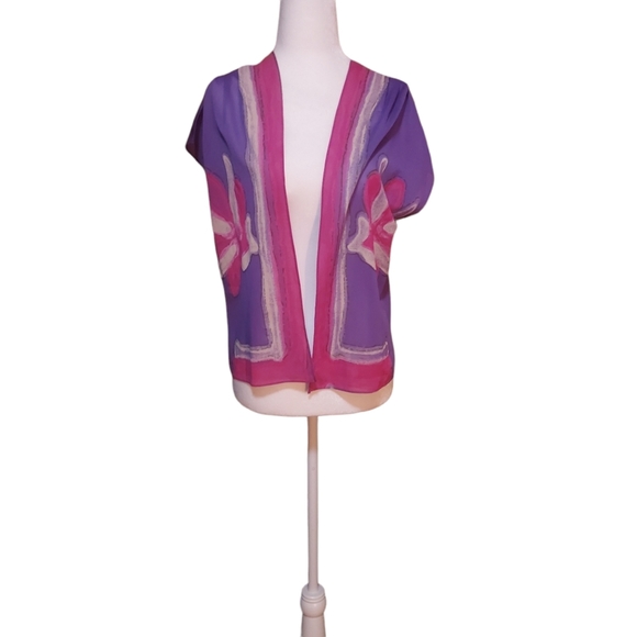 Hand Painted Vest M Floral Purple Pink White Kimono Robe top Blouse Shirt - Picture 1 of 4